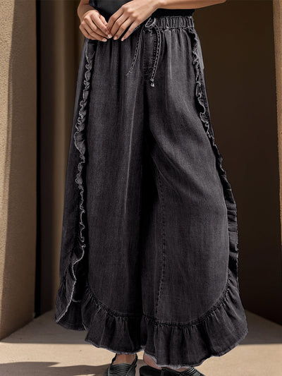 Loose Fit Drawstring Ruffle Wide Leg Denim Pants