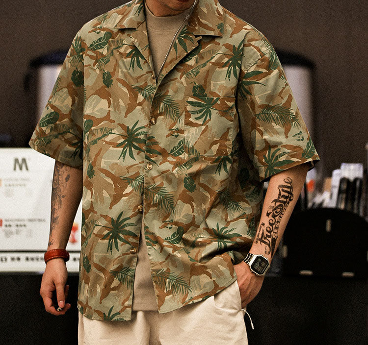 Men's Camo Palm Leaf Print Short-Sleeve Shirt
