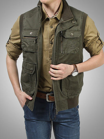 Men's Multi-Pocket Cotton Vest Utility Jacket