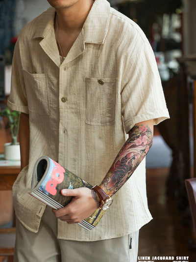 Men's Cotton-Linen Blend Short-Sleeve Jacquard Shirt
