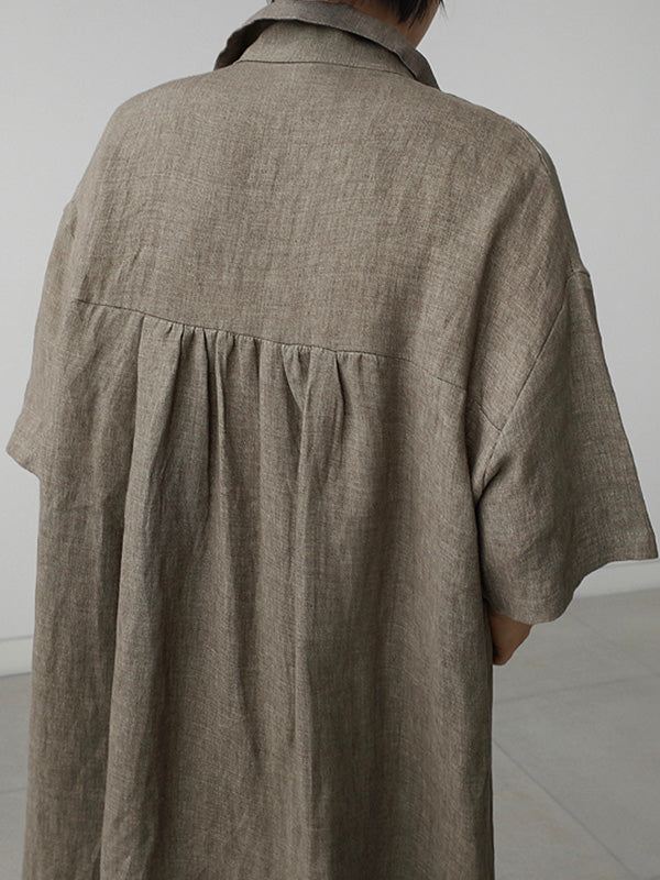 Loose Cotton and Linen V-Neck Shirt Dress