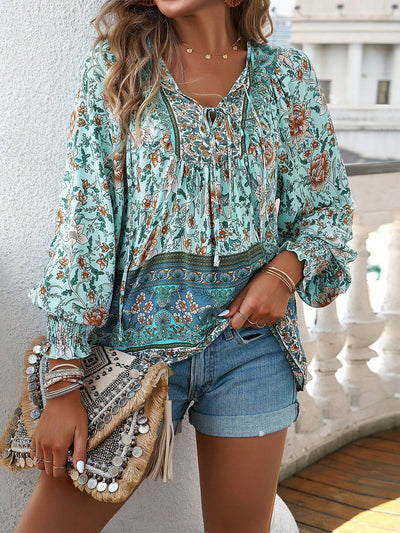 Boho Floral Print Tie-Neck Blouse
