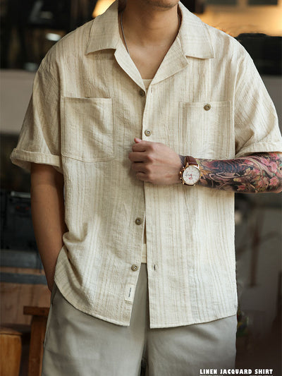 Men's Cotton-Linen Blend Short-Sleeve Jacquard Shirt