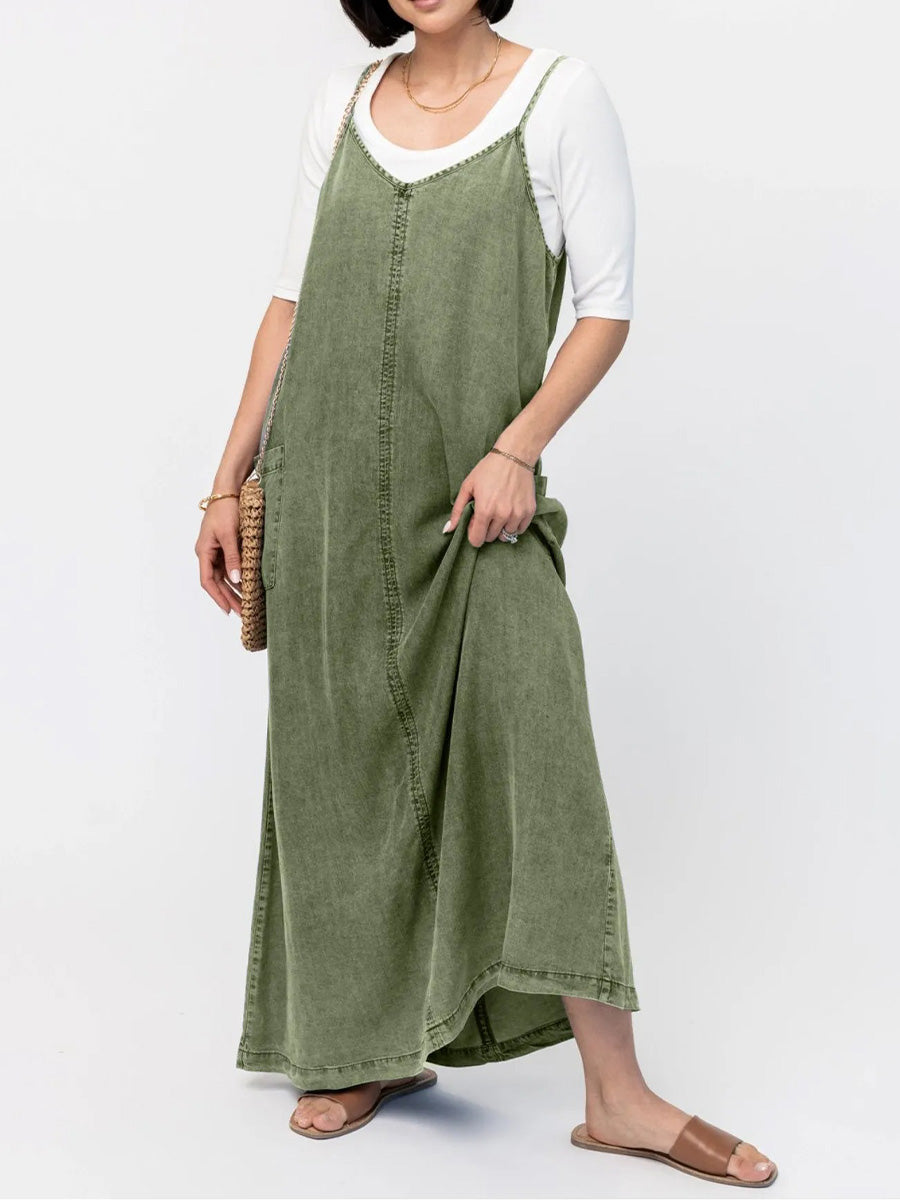 Vintage-Inspired Loose Fit Denim Maxi Dress