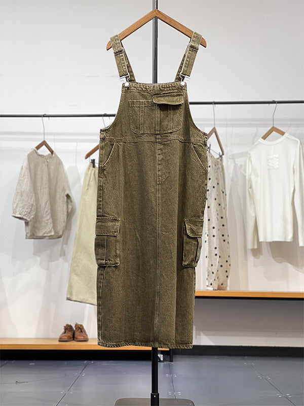 Vintage-Inspired Cargo Denim Overall Dress