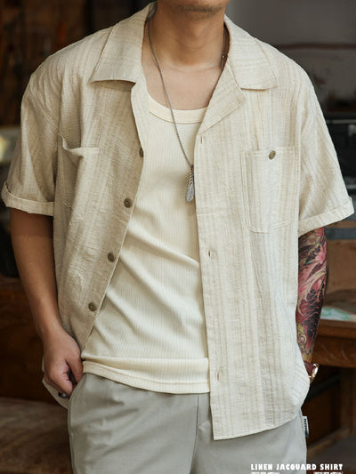 Men's Cotton-Linen Blend Short-Sleeve Jacquard Shirt