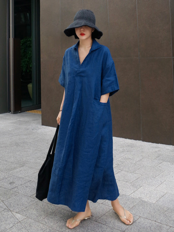 Loose Cotton and Linen V-Neck Shirt Dress