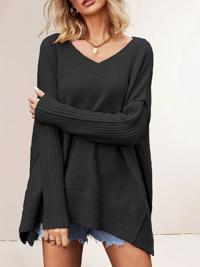 Women's V-Neck Asymmetrical Hem Oversized Sweater