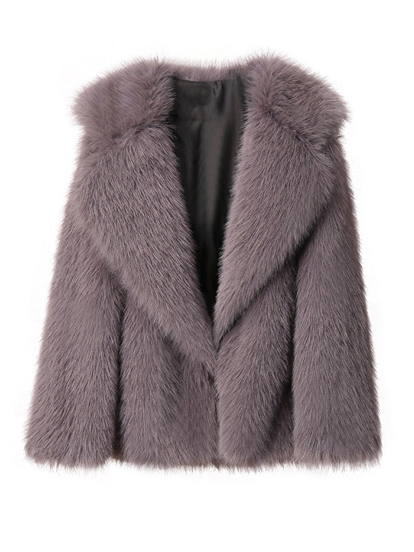 Loose Lapel Long Sleeve V-neck Faux Fur Coat