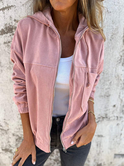 Women's Casual Corduroy Zip-Up Hooded Jacket