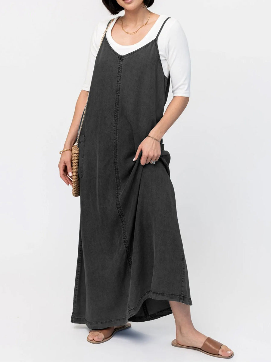 Vintage-Inspired Loose Fit Denim Maxi Dress