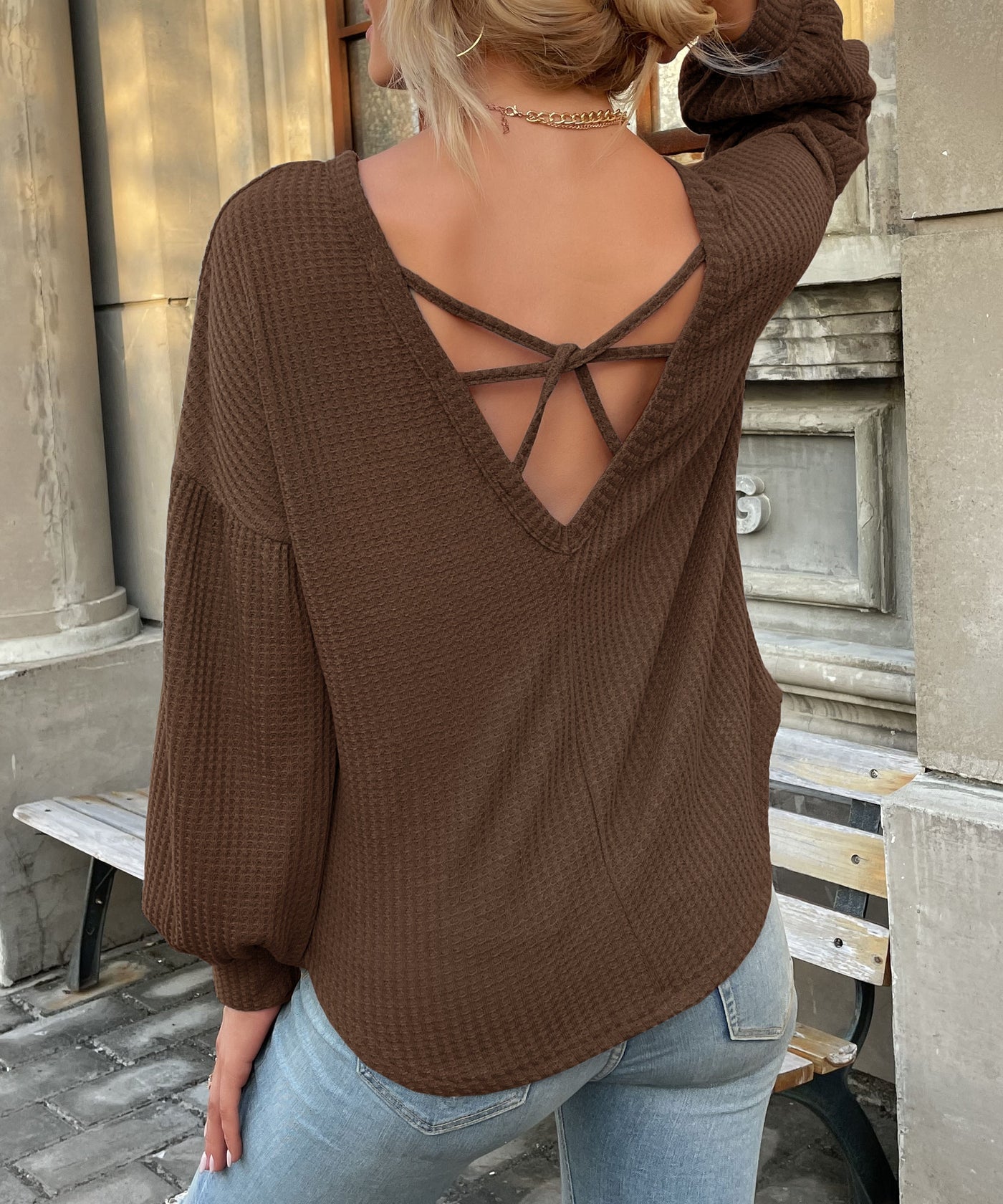Women's Waffle Knit Long-Sleeve Top with Criss Cross Back Detail