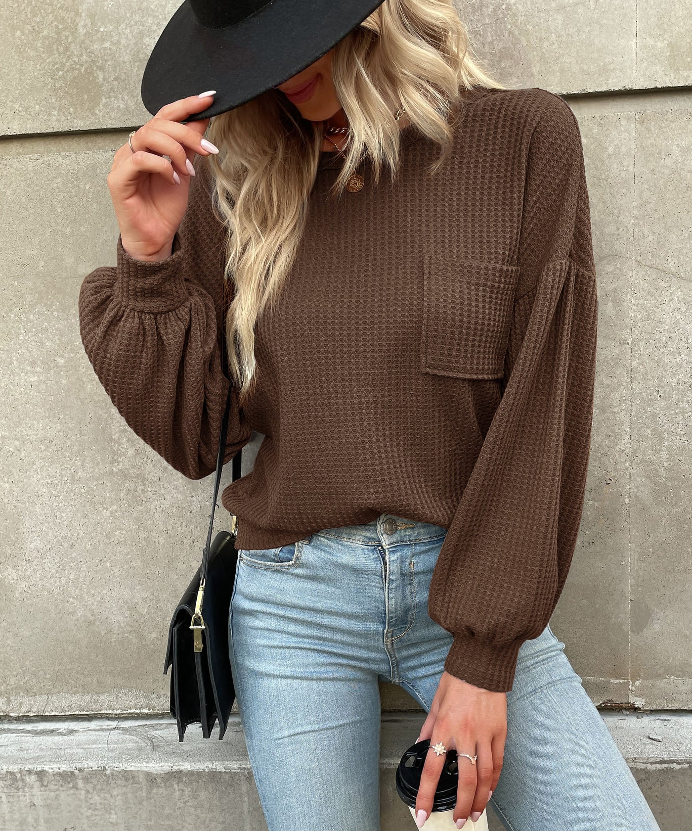 Women's Waffle Knit Long-Sleeve Top with Criss Cross Back Detail