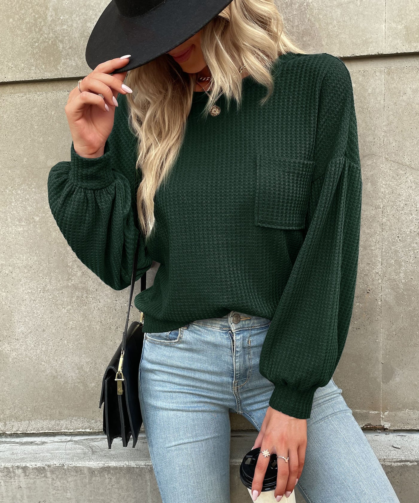 Women's Waffle Knit Long-Sleeve Top with Criss Cross Back Detail
