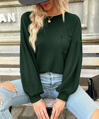 Women's Waffle Knit Long-Sleeve Top with Criss Cross Back Detail