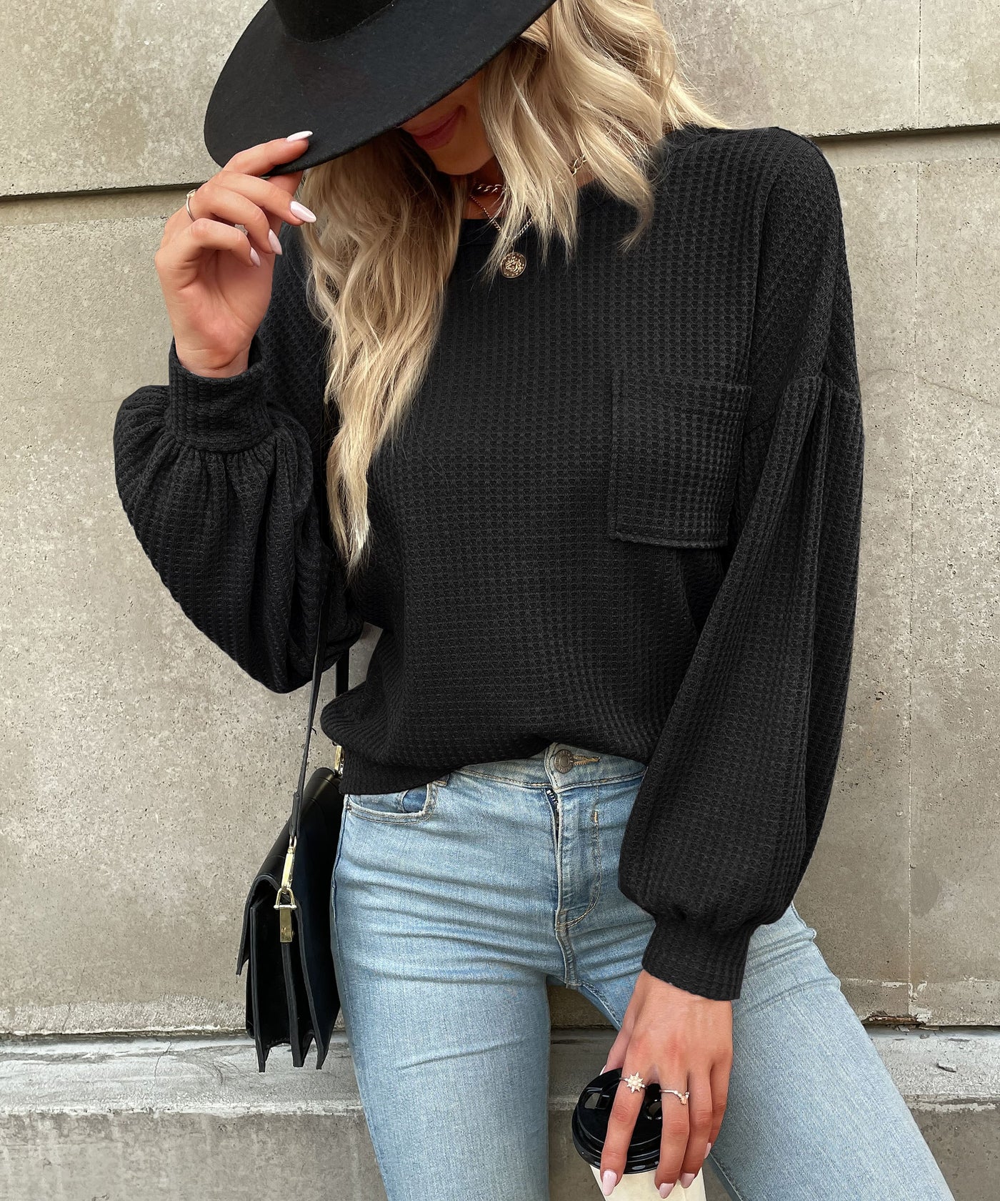 Women's Waffle Knit Long-Sleeve Top with Criss Cross Back Detail