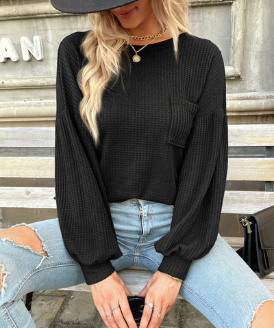 Women's Waffle Knit Long-Sleeve Top with Criss Cross Back Detail