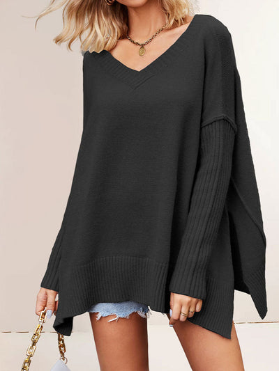Women's V-Neck Asymmetrical Hem Oversized Sweater