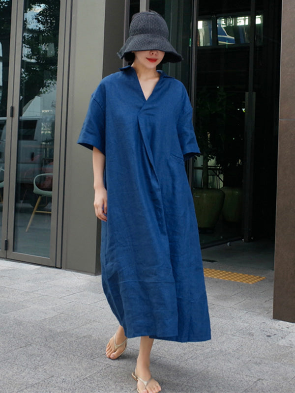 Loose Cotton and Linen V-Neck Shirt Dress