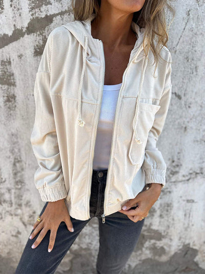 Women's Casual Corduroy Zip-Up Hooded Jacket