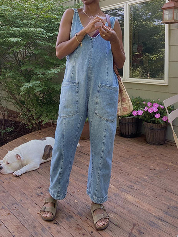 V-neck Suspender Denim Jumpsuit