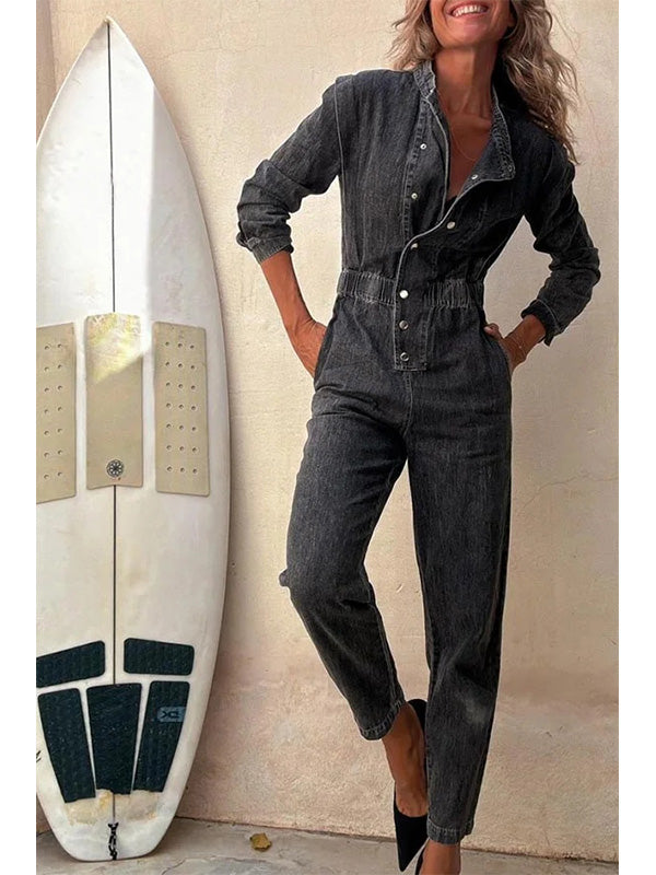 Women's Button-Front Relaxed Denim Jumpsuit