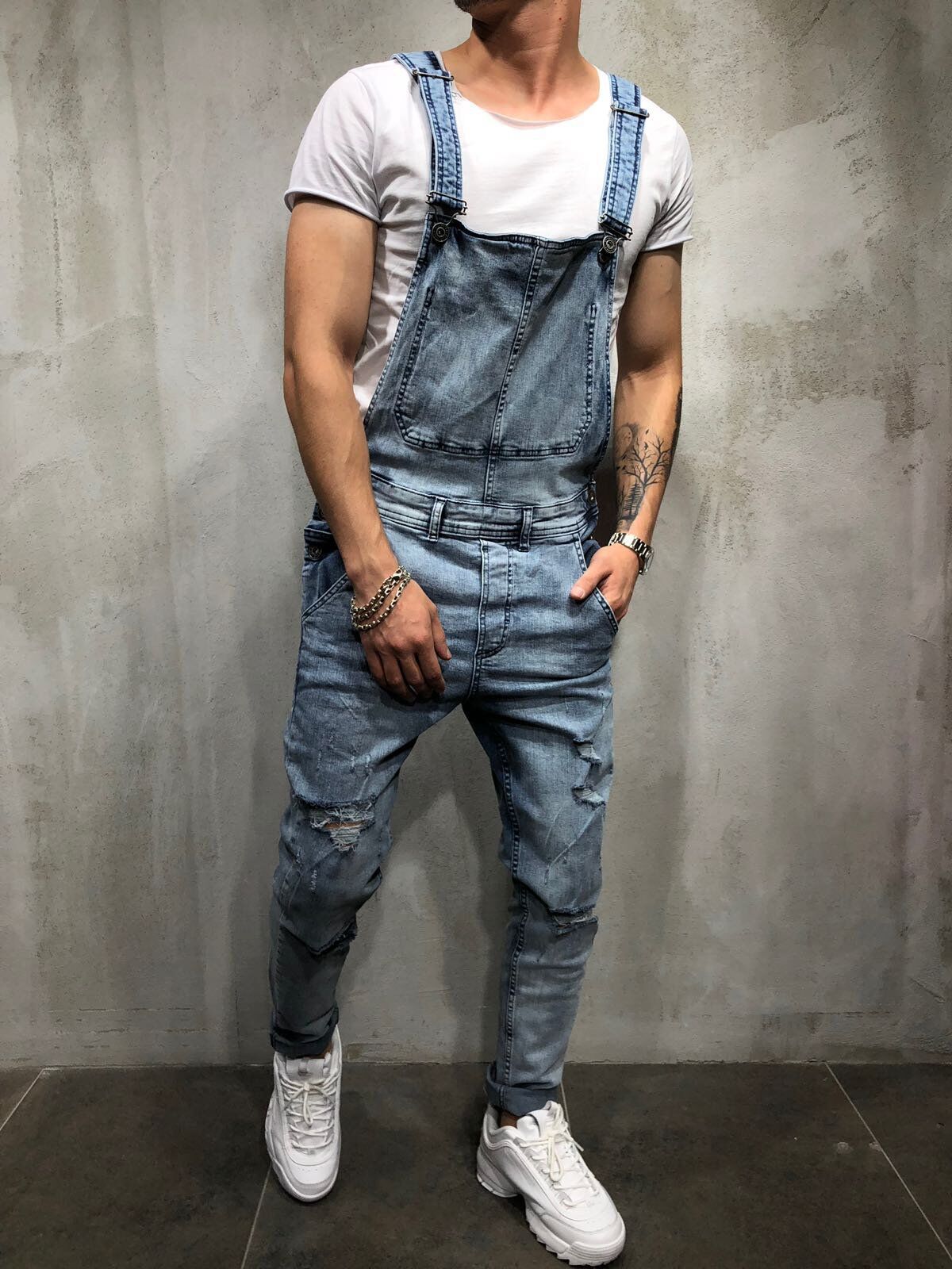 Men's Skinny Fit Distressed Denim Overalls