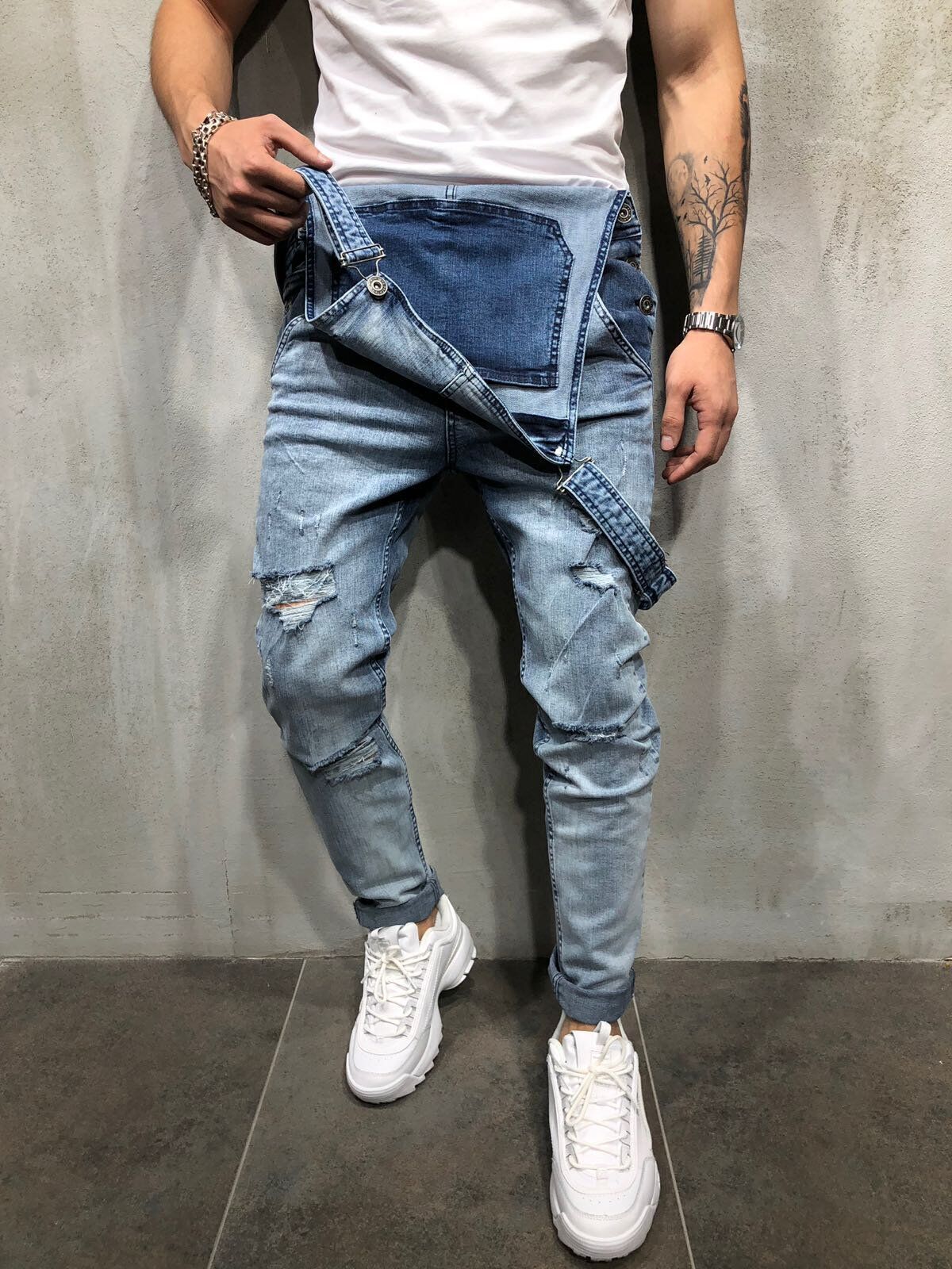 Men's Skinny Fit Distressed Denim Overalls