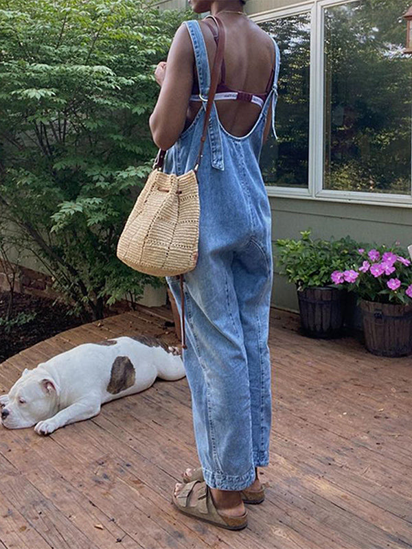 V-neck Suspender Denim Jumpsuit