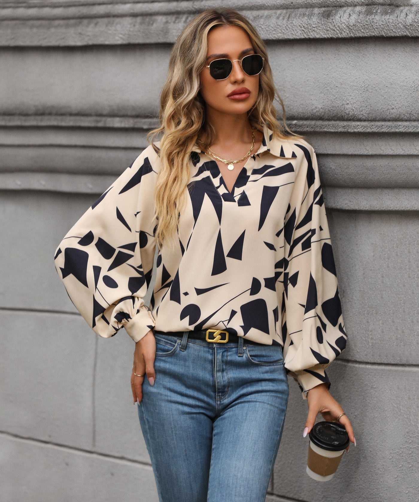 Women's Geometric Print V-Neck Long Sleeve Blouse