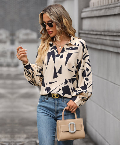 Women's Geometric Print V-Neck Long Sleeve Blouse