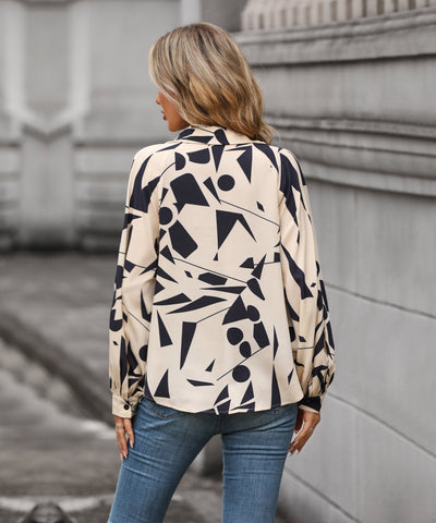 Women's Geometric Print V-Neck Long Sleeve Blouse