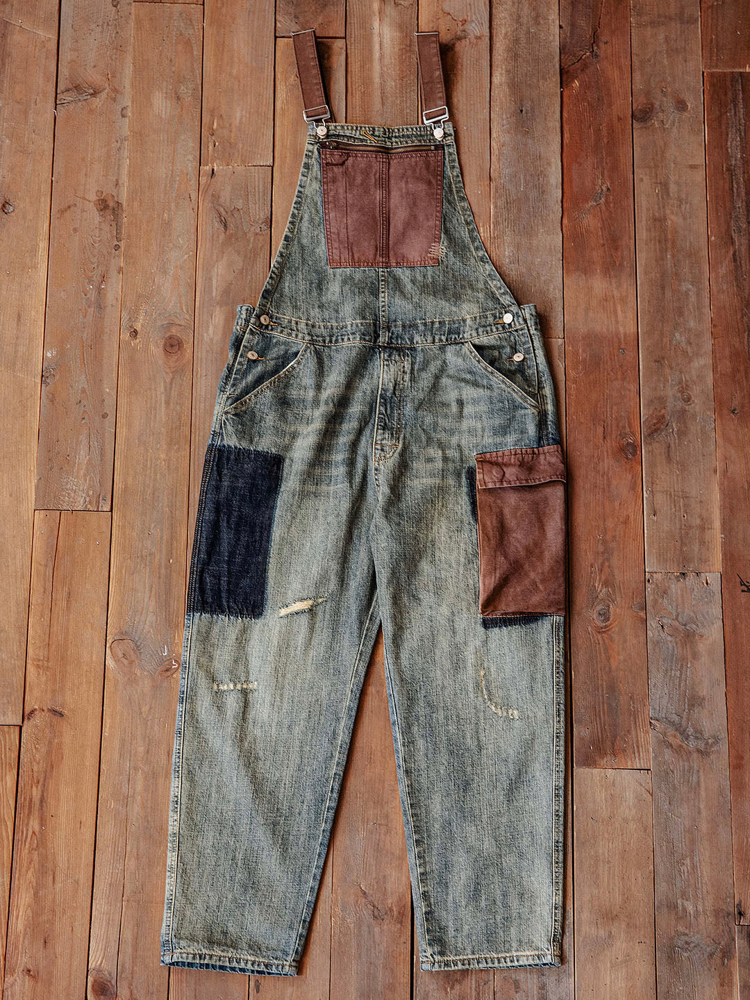 Men's Contrast Overalls Distressed Denim Dungarees