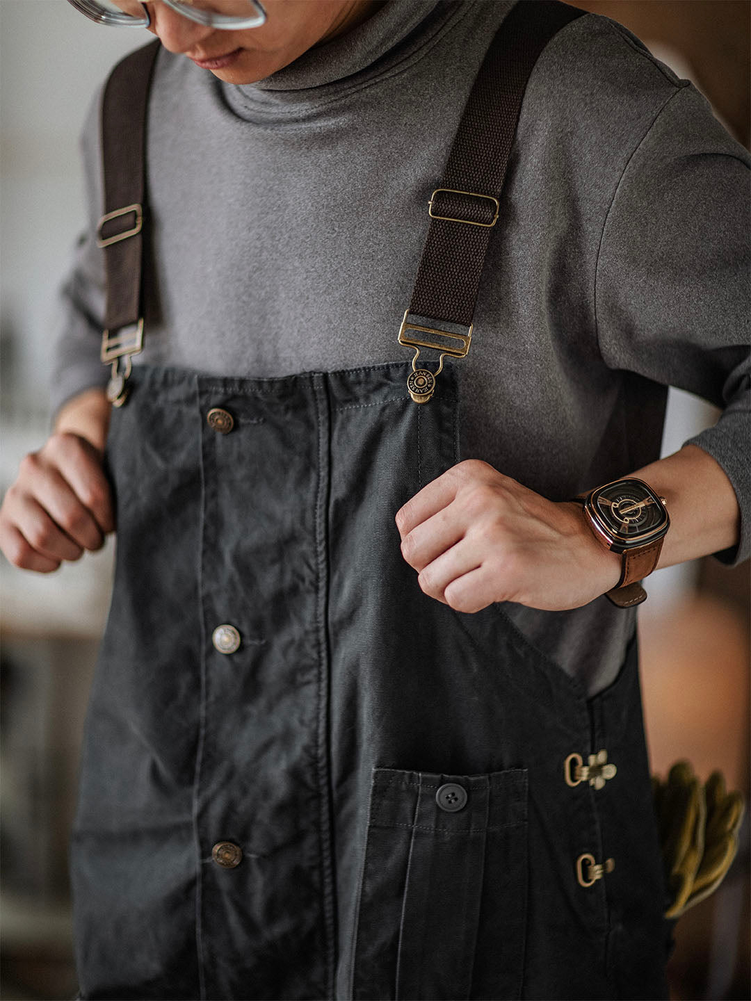 Men's Canvas Overalls Flap Pockets Button Front Workwear