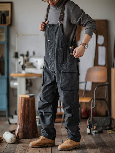 Men's Canvas Overalls Flap Pockets Button Front Workwear