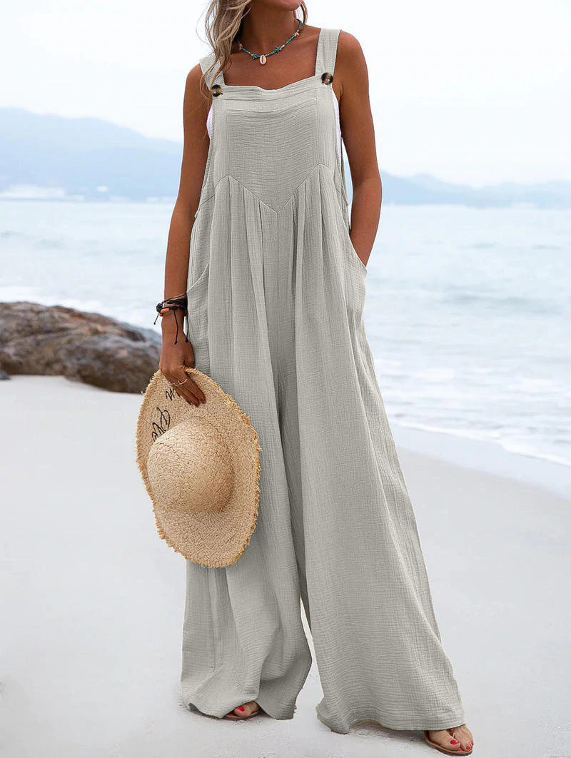 Casual Button Strap Wide-Leg Jumpsuit with Pockets