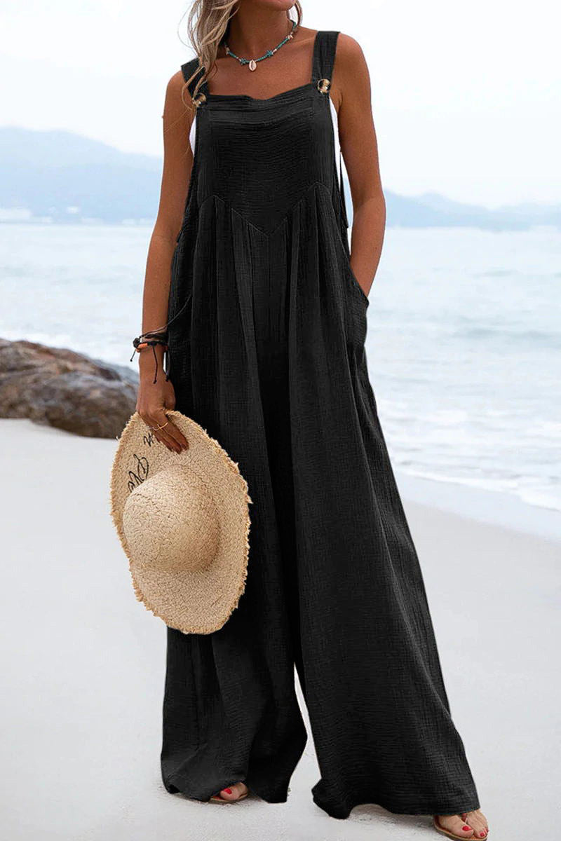 Casual Button Strap Wide-Leg Jumpsuit with Pockets