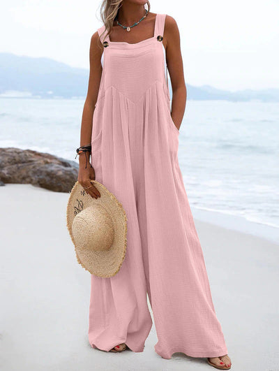 Casual Button Strap Wide-Leg Jumpsuit with Pockets