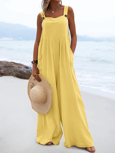 Casual Button Strap Wide-Leg Jumpsuit with Pockets