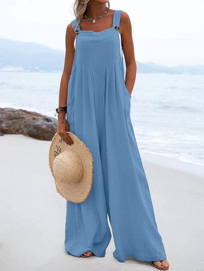 Casual Button Strap Wide-Leg Jumpsuit with Pockets