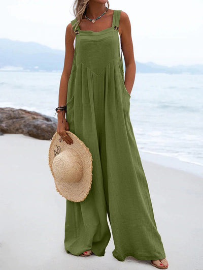 Casual Button Strap Wide-Leg Jumpsuit with Pockets