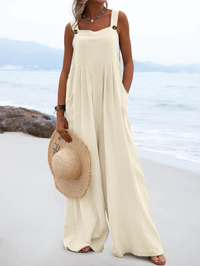 Casual Button Strap Wide-Leg Jumpsuit with Pockets