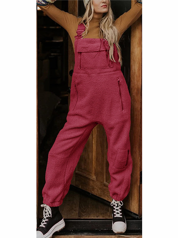 Women's Fleece Thermal Overalls With Zippered Pockets