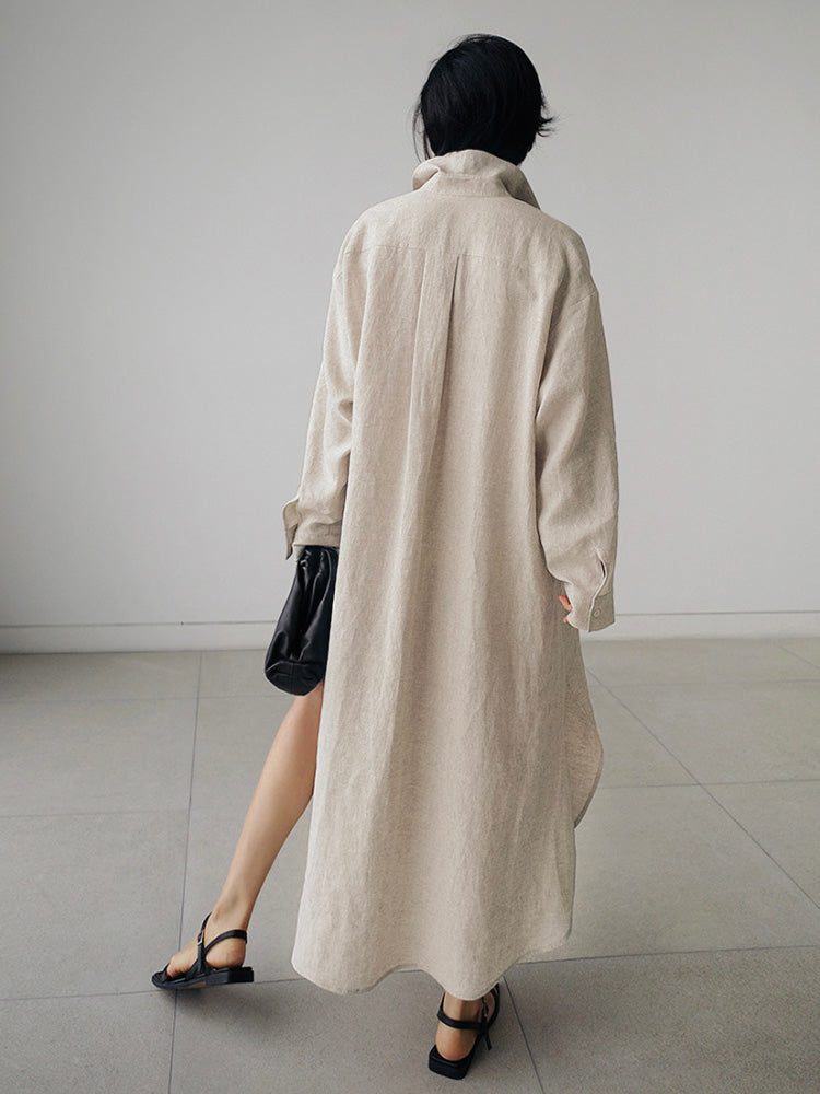 Cotton and Linen Shirt Dress with Side Slits