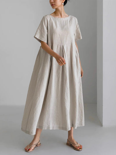 Short-sleeved Cotton and Linen Midi Dress